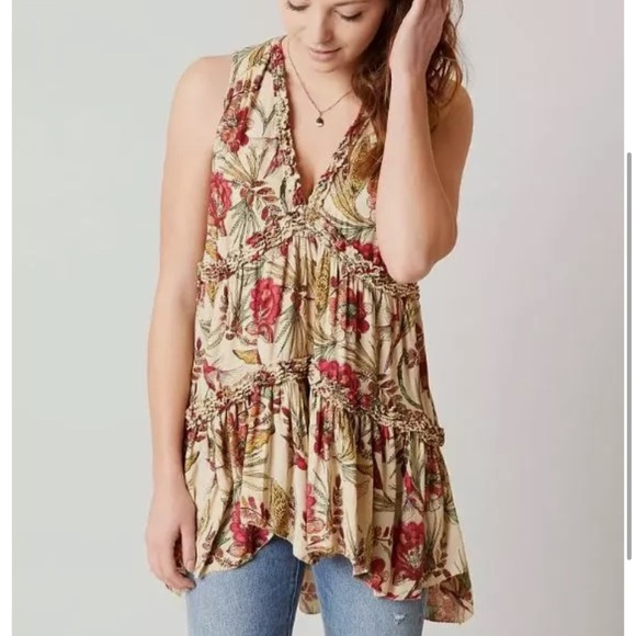 Free People Haze Floral Printed Tunic Tank Size Small Neutral Multi Hummingbird - Picture 2 of 9